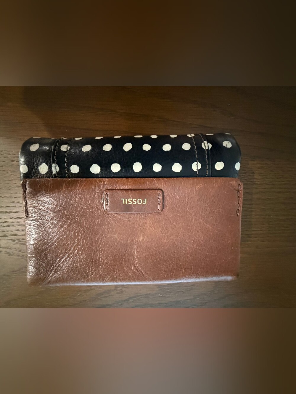 Fossil Brown And Black Wallet With White Polka Dots